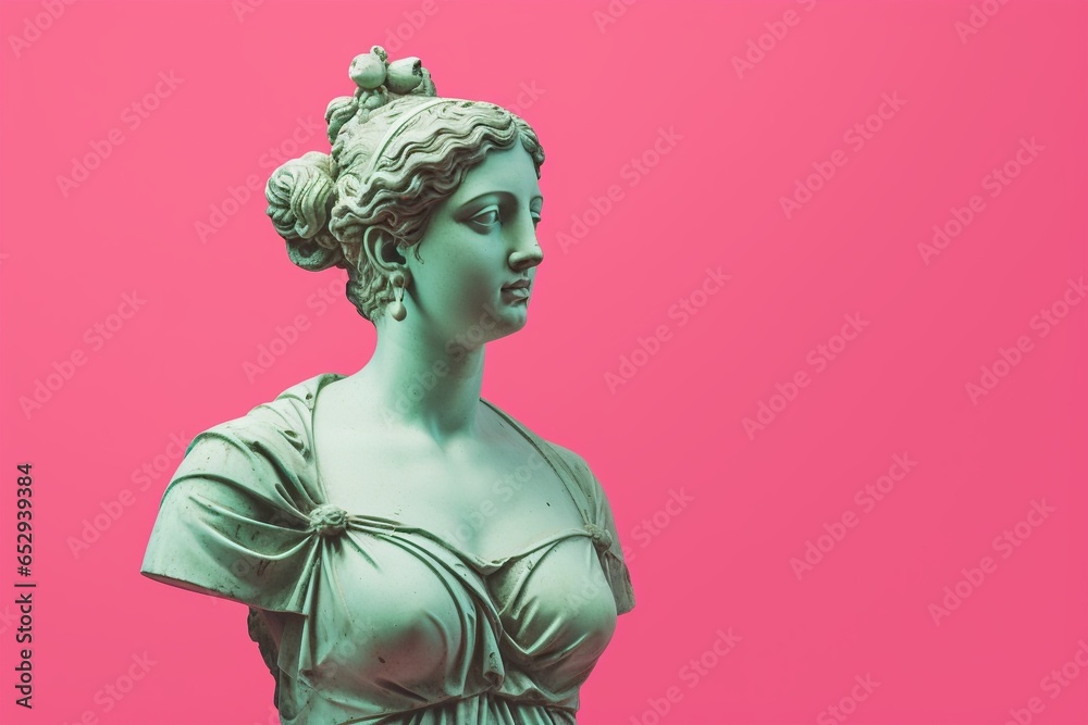 Naklejka premium female statue on pink background, beautiful stone greek female statue on pink backdrop. Created with generative AI tools
