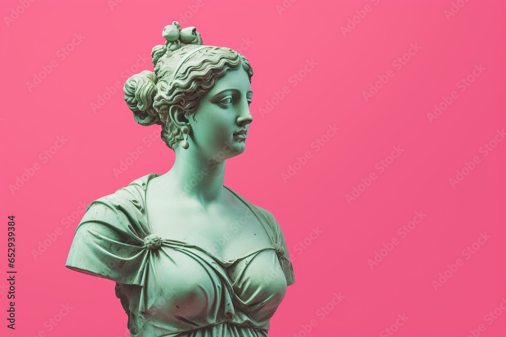 Obraz premium female statue on pink background, beautiful stone greek female statue on pink backdrop. Created with generative AI tools