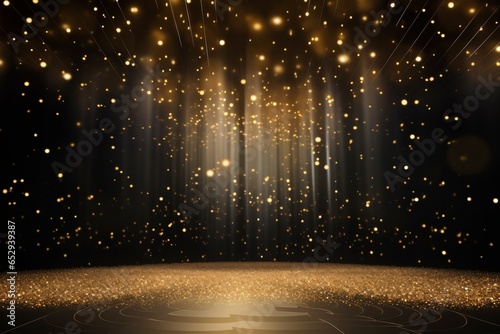 golden confetti rain on festive stage, empty room at night mockup with copy space for award ceremony, jubilee, New Years party or product presentations. Created with generative AI tools