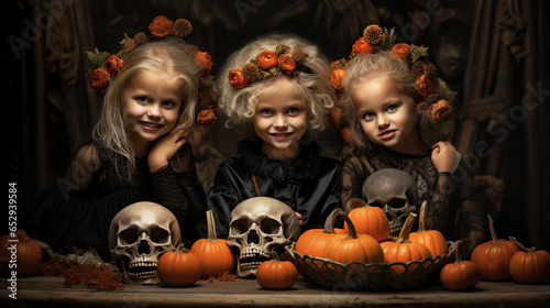 Children in costumes for the autumn holiday Halloween © alexkich