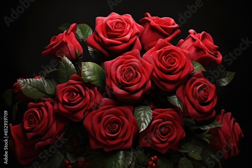 A beautiful bouquet of red roses on a sleek black background. Perfect for expressing love  passion  and romance. Ideal for greeting cards  wedding invitations  and floral arrangements.