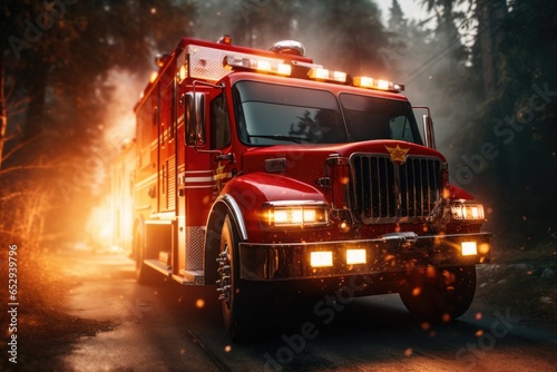 A red fire truck driving down a road. This image can be used to depict emergency services or transportation themes.