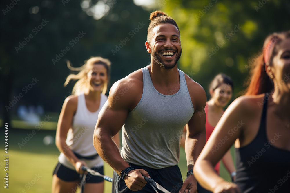 Fototapeta premium An attractive persons are training exercises outdoor on group classes