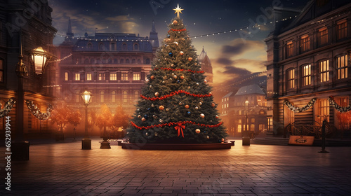 big beautiful Christmas Tree with decorations and Illuminations in snowy night. New Year and Christmas holiday background. Festive winter city landscape.