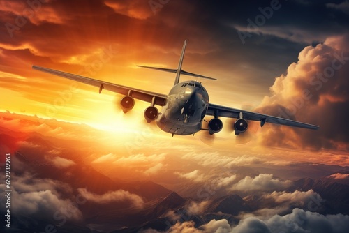 A large airplane soaring through the clouds in the sky. This image can be used to depict air travel, aviation, or the beauty of nature from above.