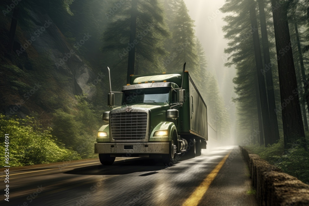 A picture of a semi truck driving down a road in the woods. This image can be used to depict transportation, logistics, or nature-themed concepts.