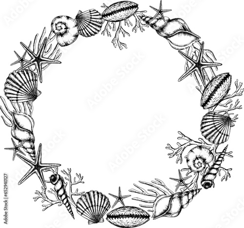 Seashell vector Wreath on isolated background. Hand drawn illustration of circular Frame with sea Shells. Underwater border for icon or logo in marine style with cockleshells and starfish. Black inks.