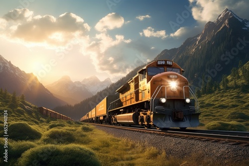 A train can be seen traveling down the train tracks next to a majestic mountain. This image captures the beauty of nature and the excitement of train travel. It can be used to depict transportation, a