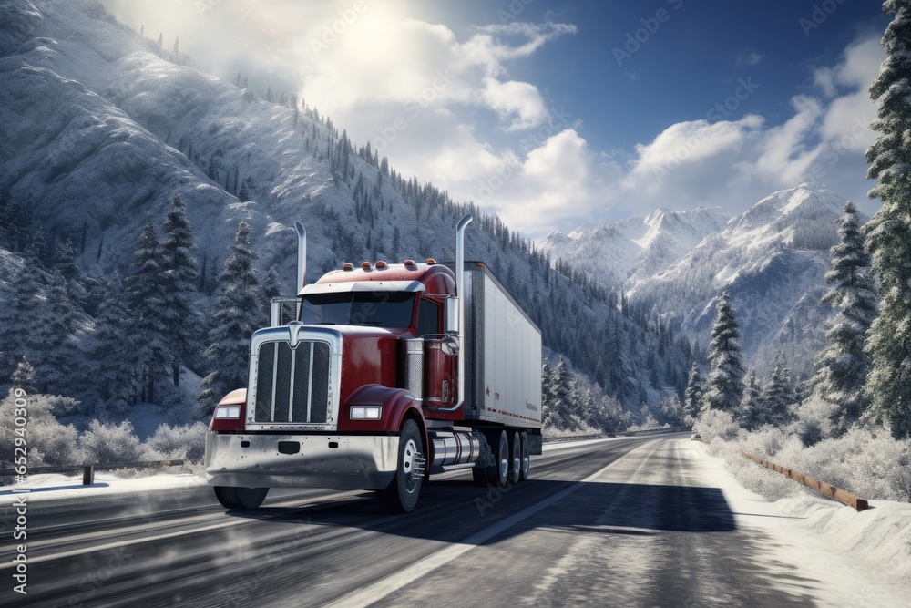 A semi truck driving down a snowy road. This image can be used to depict winter driving conditions or transportation in cold climates. A semi truck driving down a snowy road. This image can be used to depict winter driving conditions or transportation in cold climates.