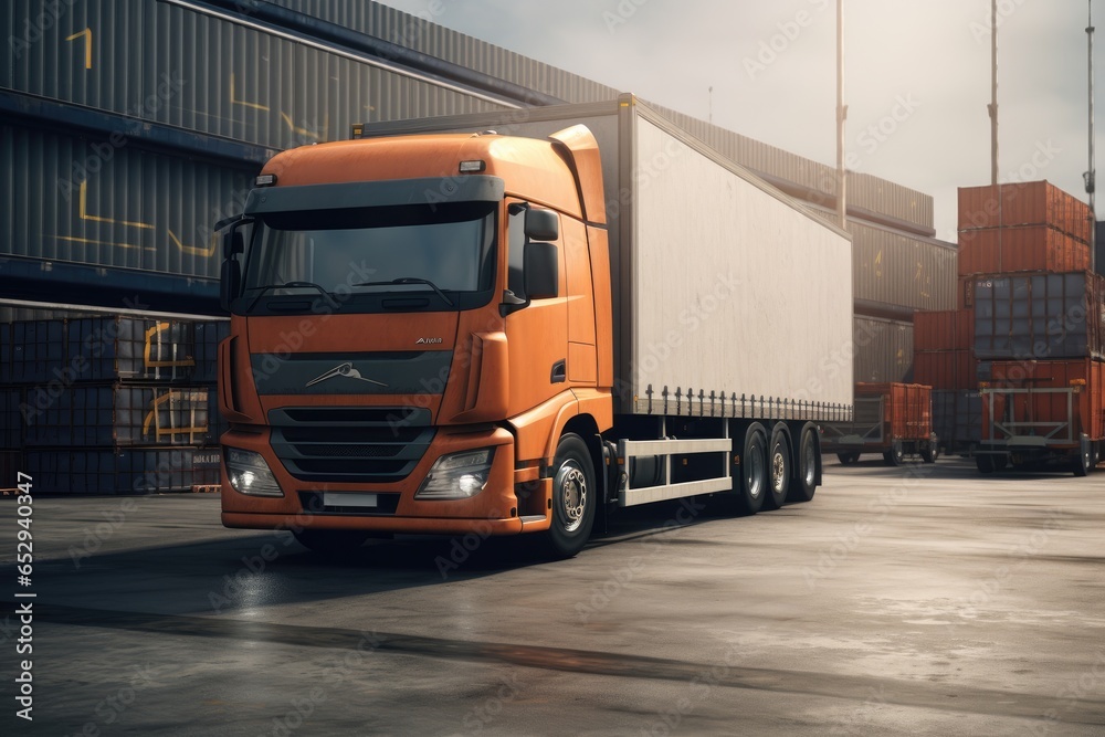 A picture of a large orange truck parked in a parking lot. This image can be used to represent transportation, logistics, or industrial themes. A picture of a large orange truck parked in a parking lot. This image can be used to represent transportation, logistics, or industrial themes.