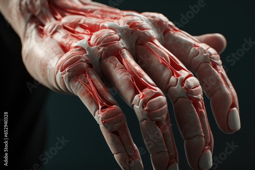 A close-up view of a person's hand covered in blood. This image can be used to depict crime scenes, horror themes, or medical emergencies.