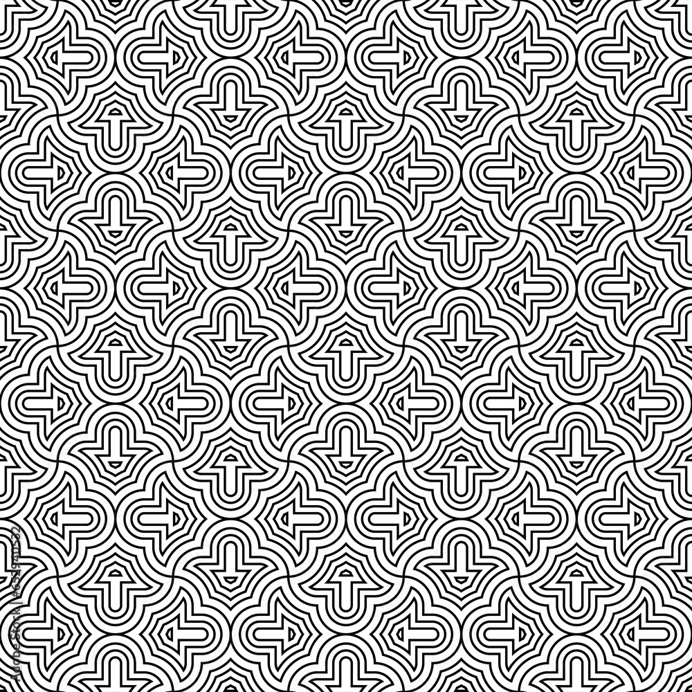 Seamless surface pattern design with quatrefoil figures. Oriental traditional ornament with repeated rounded shapes. Window tracery wallpaper. Grid motif. Digital paper. Vector art illustration. Seamless surface pattern design with quatrefoil figures. Oriental traditional ornament with repeated rounded shapes. Window tracery wallpaper. Grid motif. Digital paper. Vector art illustration.