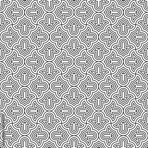 Seamless surface pattern design with quatrefoil figures. Oriental traditional ornament with repeated rounded shapes. Window tracery wallpaper. Grid motif. Digital paper. Vector art illustration.
