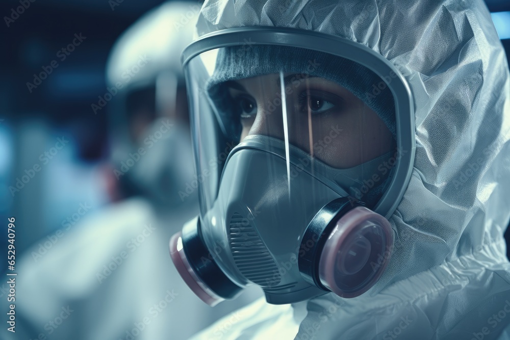 A woman wearing a protective suit and gas mask. Suitable for depicting hazardous environments or safety precautions. A woman wearing a protective suit and gas mask. Suitable for depicting hazardous environments or safety precautions.