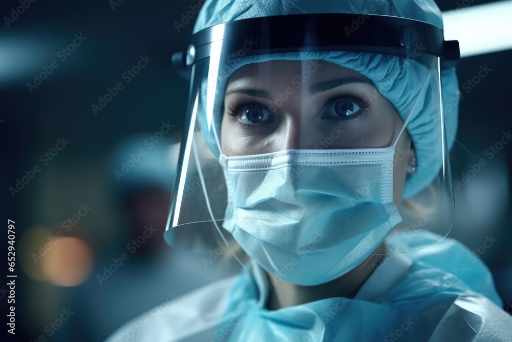 A woman is pictured wearing a surgical mask and a face shield. This image can be used to depict safety precautions, healthcare, medical professionals, or protection against viruses and diseases. A woman is pictured wearing a surgical mask and a face shield. This image can be used to depict safety precautions, healthcare, medical professionals, or protection against viruses and diseases.