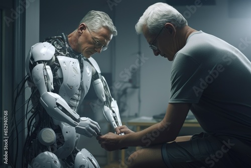 A man is sitting next to a robot in a room. This image can be used to depict human interaction with technology.