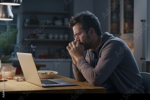 A man is seated at a table, focused on his laptop. This image can be used to illustrate concepts related to work, technology, productivity, and remote work.