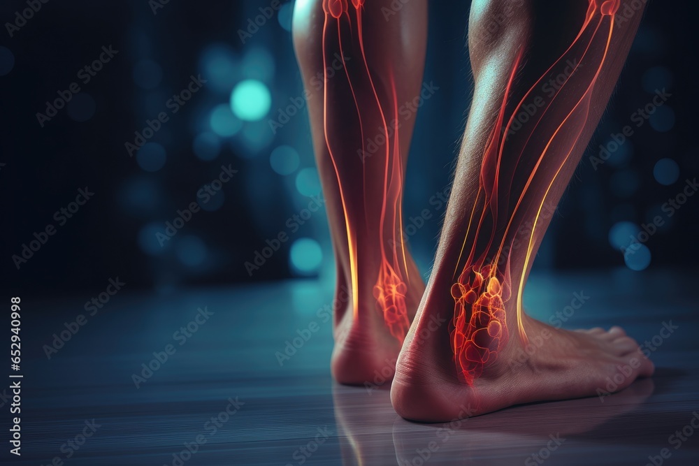 A close-up shot of a person's legs with a painful ankle. This image can be used to depict ankle injuries or medical conditions related to foot pain. It can also be used in articles or blogs about spor - obrazy, fototapety, plakaty 