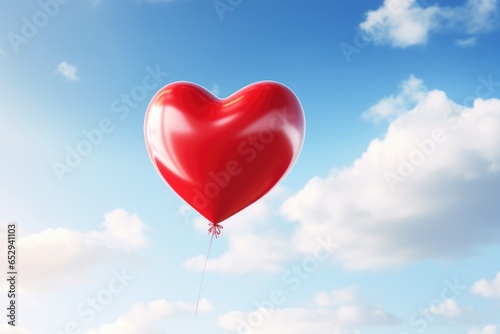 A red heart-shaped balloon is seen floating in the sky. This image can be used to express love and romance or to convey a feeling of happiness and joy. It is perfect for Valentine's Day, anniversaries