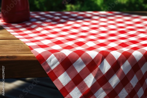 A simple yet charming image of a red and white checkered tablecloth laid on a wooden table. Perfect for adding a touch of rustic charm to any setting. Ideal for food blogs  picnic-themed designs  or r