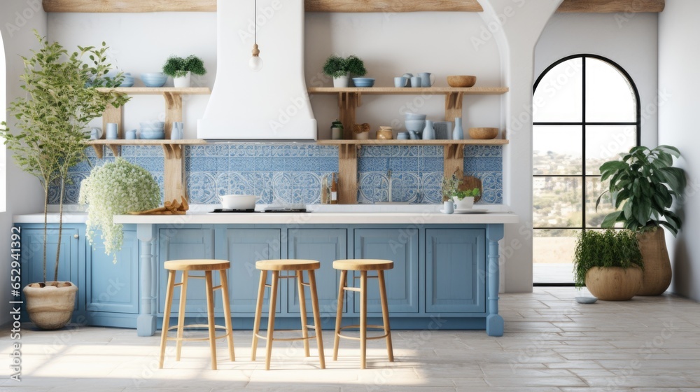 A kitchen with blue cabinets and wooden stools