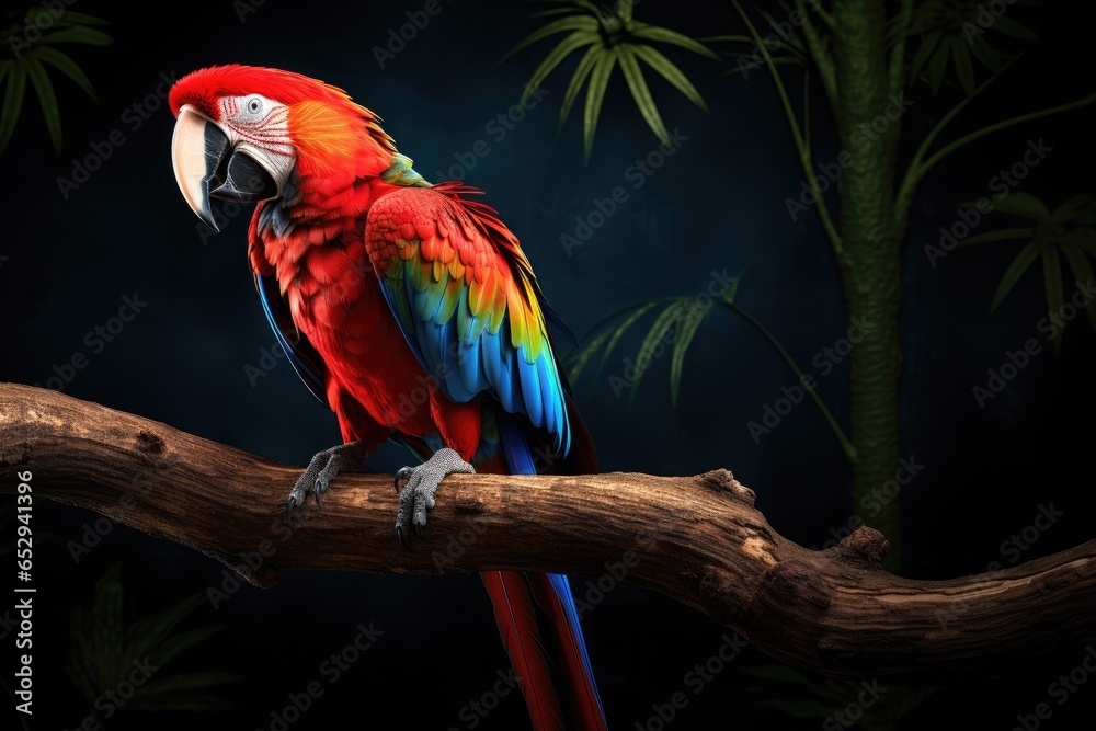 A vibrant parrot perched on a branch in a dimly lit setting. This image can be used to add a pop of color and exoticism to various projects.
