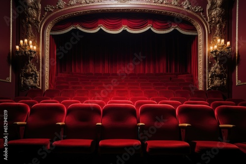 A picture of a theater with red seats and a red curtain. This image can be used to represent a theater, entertainment, performing arts, or a stage setting.