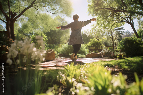 Senior woman doing yoga exercises in the yard outdoors