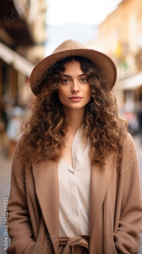 A woman with curly hair wearing a hat