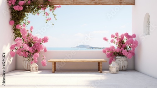 A room with pink flowers and a bench