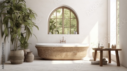 A bathroom with a large tub next to a window