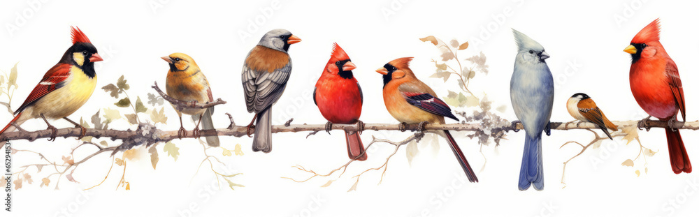 Bird set watercolor illustration. Red cardinal, eastern bluebird, goldfinch, robin, wren generative ai