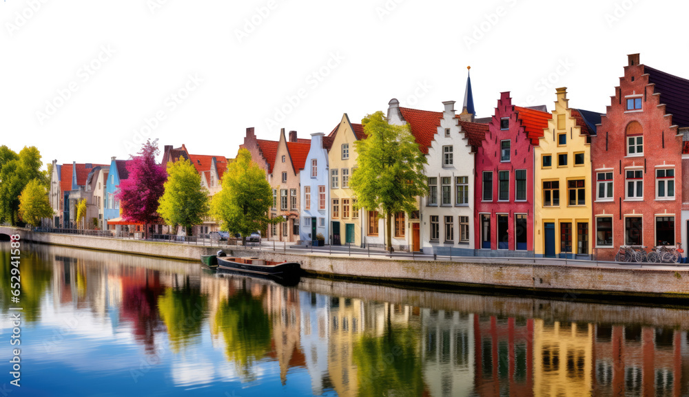 Fototapeta premium isolated transparent background PNG. row of colorful houses in the bruges canals. renaissance buildings, step-gabled facade
