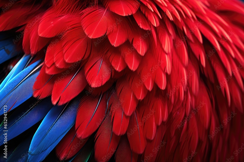 A detailed close-up shot of the vibrant red and blue feathers of a bird. This image can be used to add a pop of color and natural beauty to any design or project. A detailed close-up shot of the vibrant red and blue feathers of a bird. This image can be used to add a pop of color and natural beauty to any design or project.