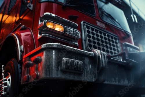 A red fire truck is parked on the street. This image can be used to depict emergency services, firefighting, or urban scenes. © Fotograf
