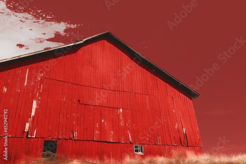 A picture of a red barn with a red sky in the background. Suitable for agricultural or rural-themed projects. photo