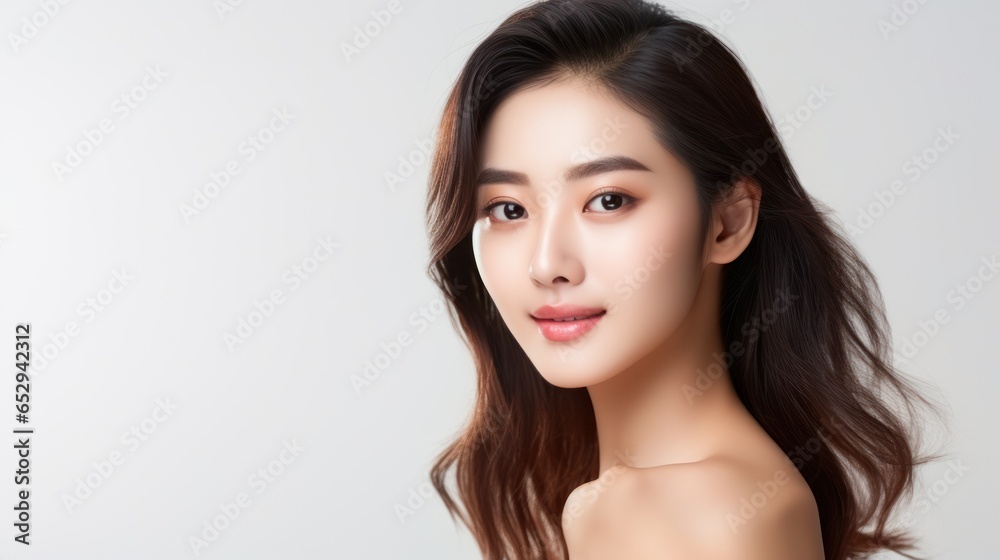 Beautiful young Asian woman with clean and fresh skin on a white background. Facial care, beautification, beauty, and spa Beautiful young Asian woman with clean and fresh skin on a white background. Facial care, beautification, beauty, and spa