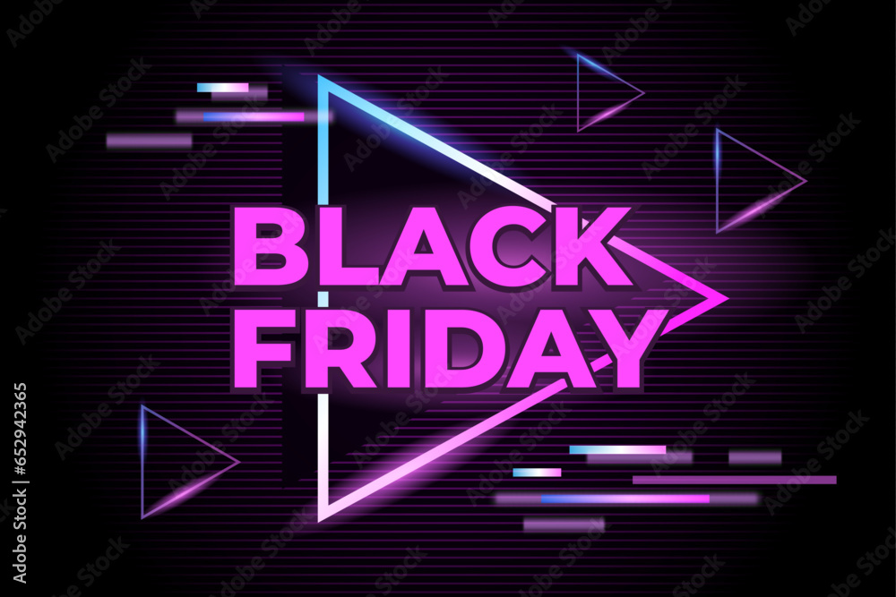 Black Friday banner with pink text on black striped background with triangle with neon glow. Design for invitations and cards. Vector illustration.