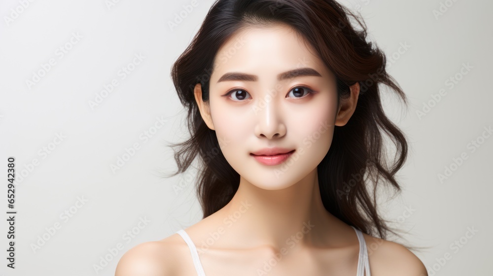 Beautiful young Asian woman with clean and fresh skin on a white background. Facial care, beautification, beauty, and spa