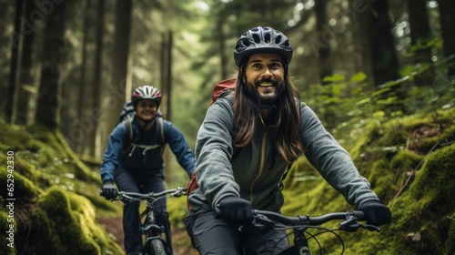 Enthusiastic young couple riding bicycles on a forest road in the mountains on a spring day.