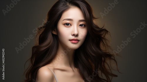 Beautiful young Asian woman with clean and fresh skin on a white background. Facial care, beautification, beauty, and spa