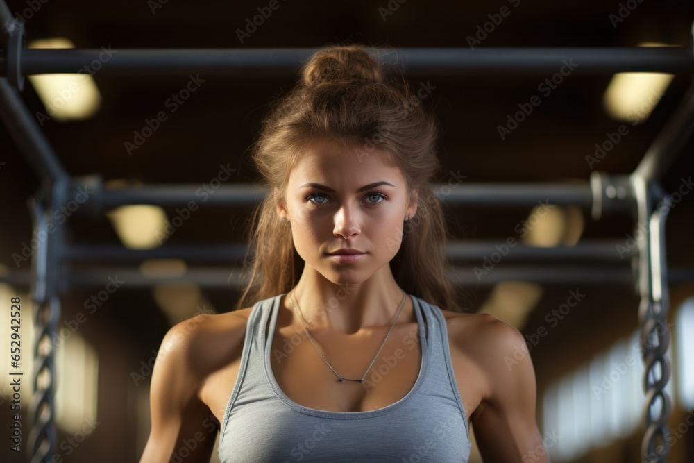 Photo of cute muscular girl doing pull-ups at the gym..