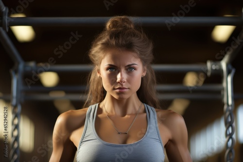 Photo of cute muscular girl doing pull-ups at the gym..