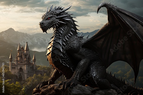 Fantasy black dragon sittin on arock with medieval castle in the background