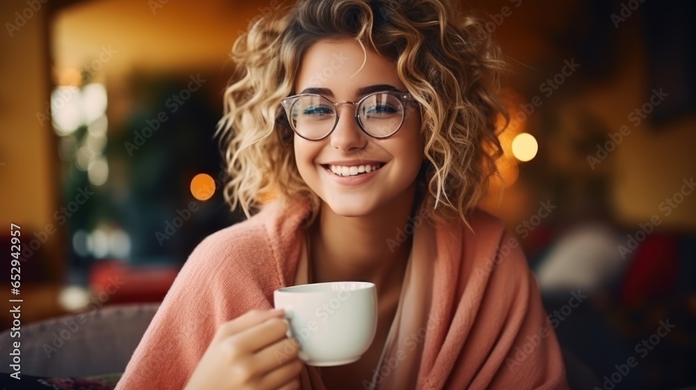Enjoying a cup of coffee at home. Smiling. A beautiful girl drinks hot tea in winter. Excited woman wearing glasses and a sweater and laughing on an autumn day