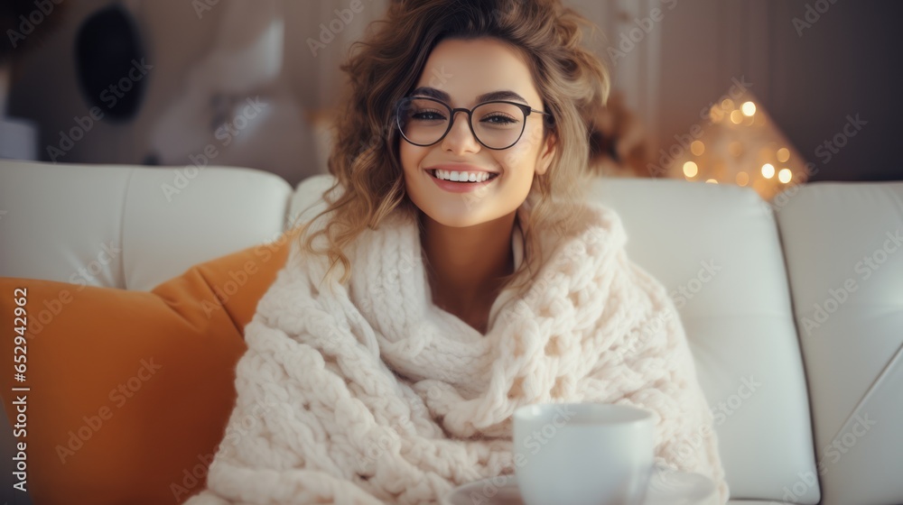 Enjoying a cup of coffee at home. Smiling. A beautiful girl drinks hot tea in winter. Excited woman wearing glasses and a sweater and laughing on an autumn day Enjoying a cup of coffee at home. Smiling. A beautiful girl drinks hot tea in winter. Excited woman wearing glasses and a sweater and laughing on an autumn day