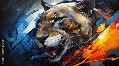 Colorful abstract wild puma close up painting. 