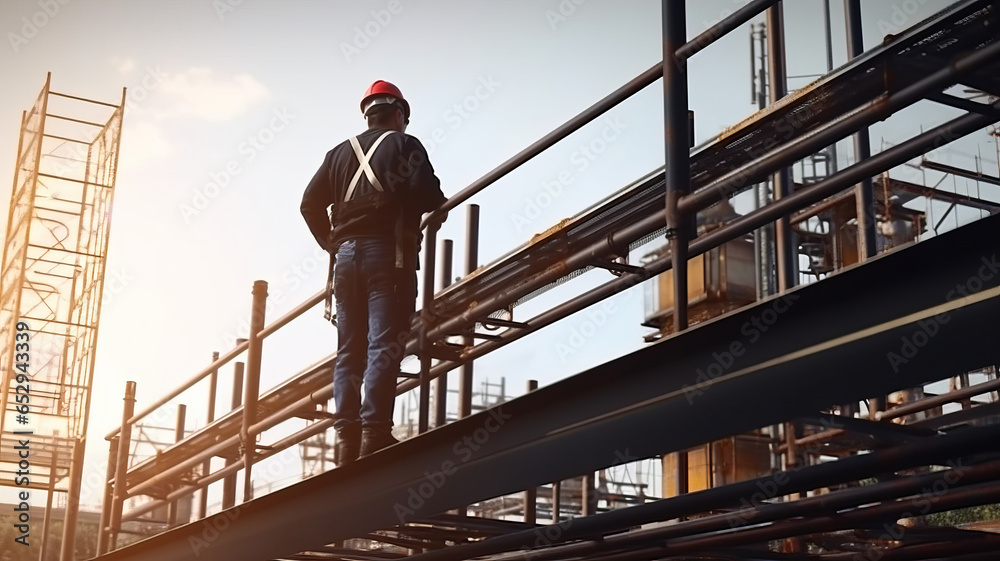 Engineer technician watching team of workers on high steel platform.generative ai Engineer technician watching team of workers on high steel platform.generative ai