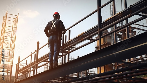 Engineer technician watching team of workers on high steel platform.generative ai