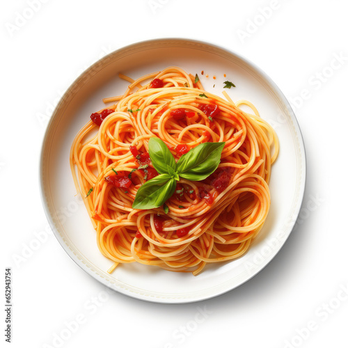 spaghetti with tomato sauce and basil with white background, isolated